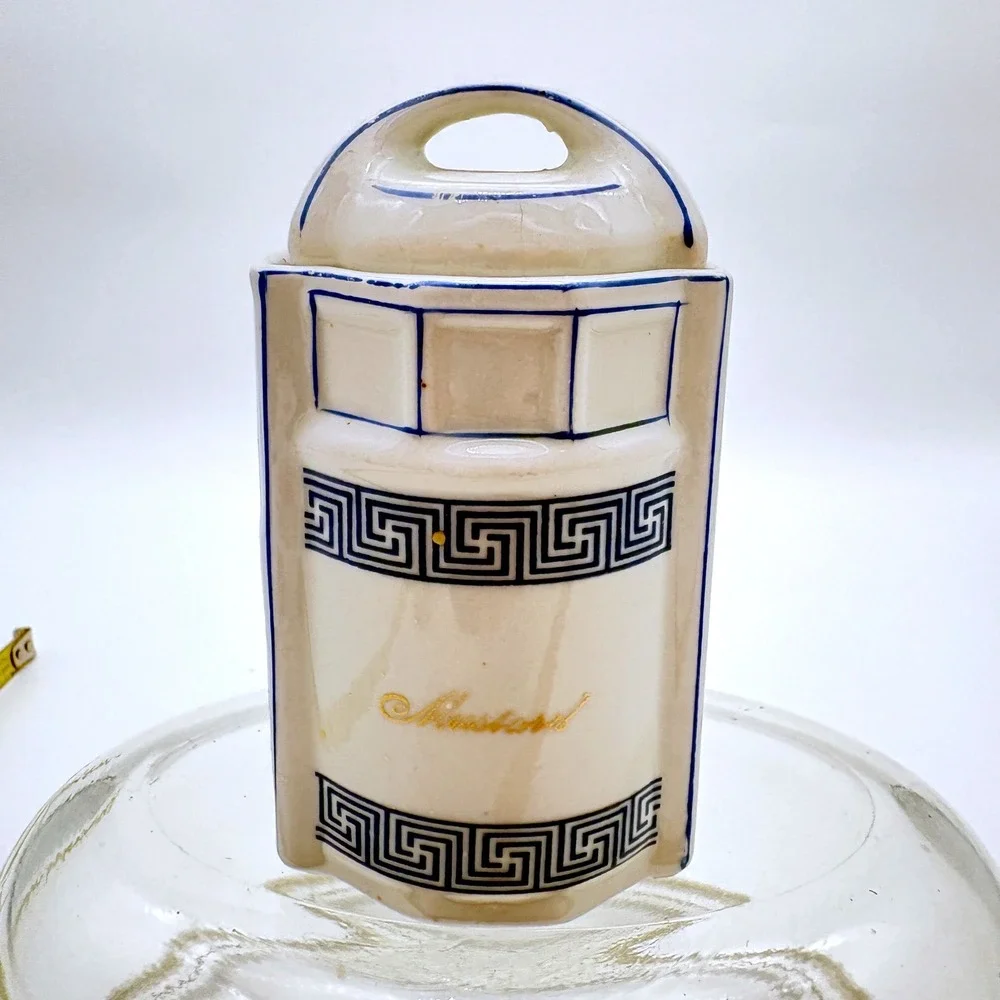 Antique German Porcelain Mustard Pot Greek Key Blue White Lidded Jar Spice